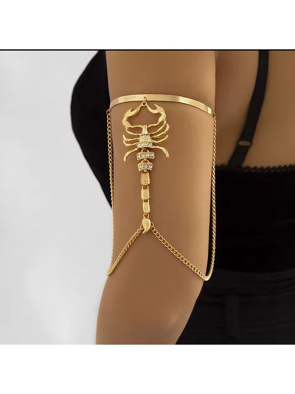 New Gold Scorpion Upper High Arm Cuff Bracelet w/ Rhinestone & Chain Accents - Picture 2 of 11